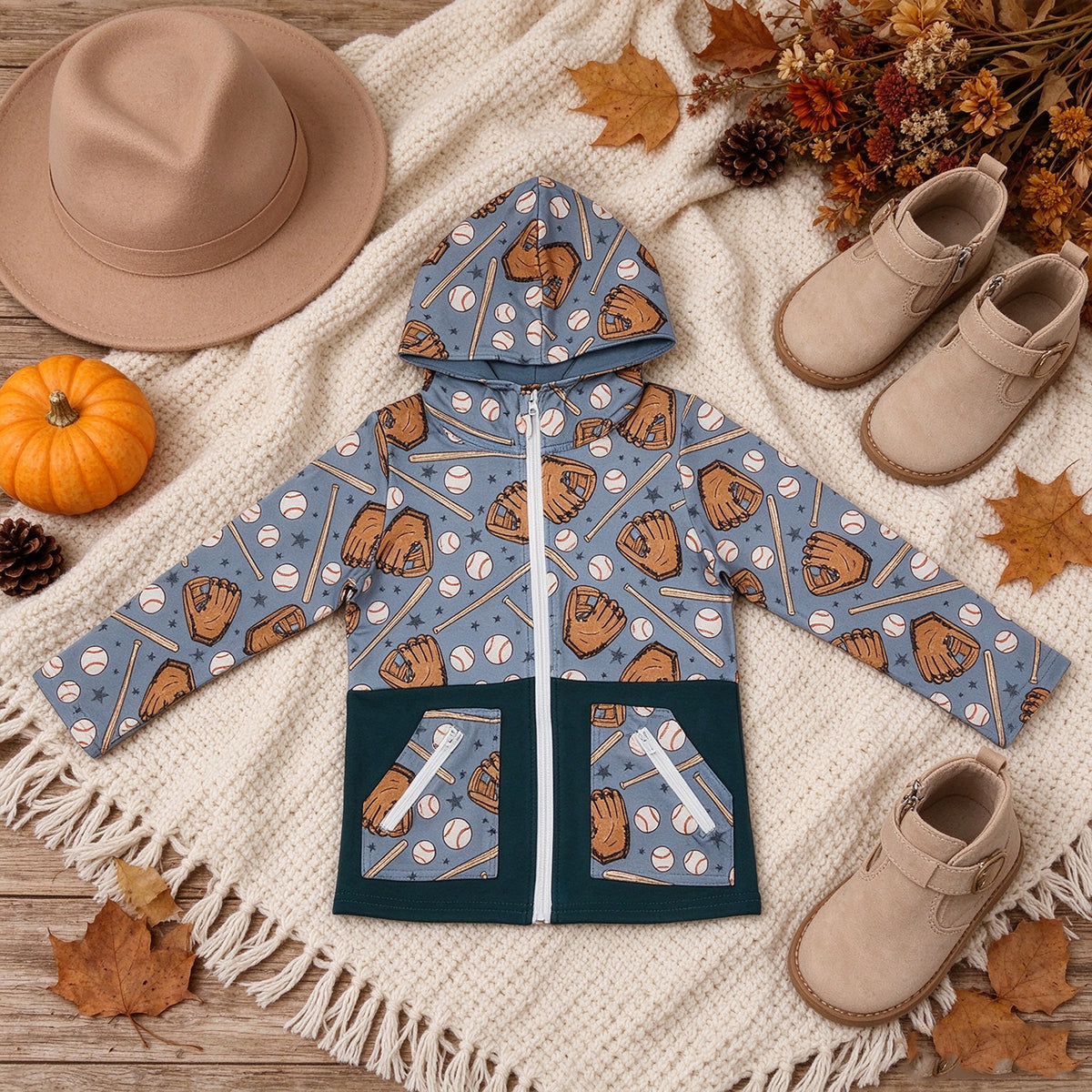 NEW RTS NO MOQ milk silk BT1342 Baby Boys Baseballs Stars Pocket Zipper Team Hoodies Top