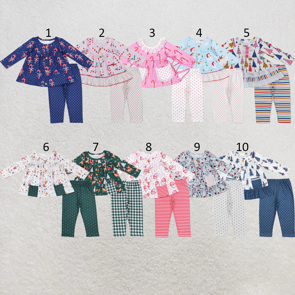 RTS NO MOQ Sibling milk silk Baby Girls Christmas Candy Cane Polka Dot Long Sleeve Tunic Top Leggings Holiday Outfit Set