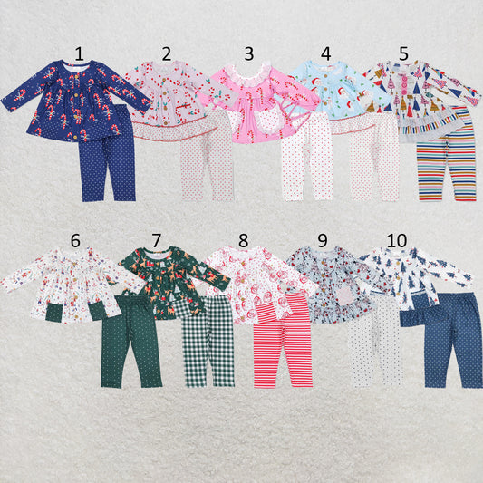 RTS NO MOQ Sibling milk silk Baby Girls Christmas Candy Cane Polka Dot Long Sleeve Tunic Top Leggings Holiday Outfit Set