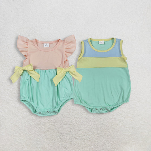 RTS NO MOQ Sibling Baby Boys Girls Sleeveless Rompers Blue Yellow Aqua Colors