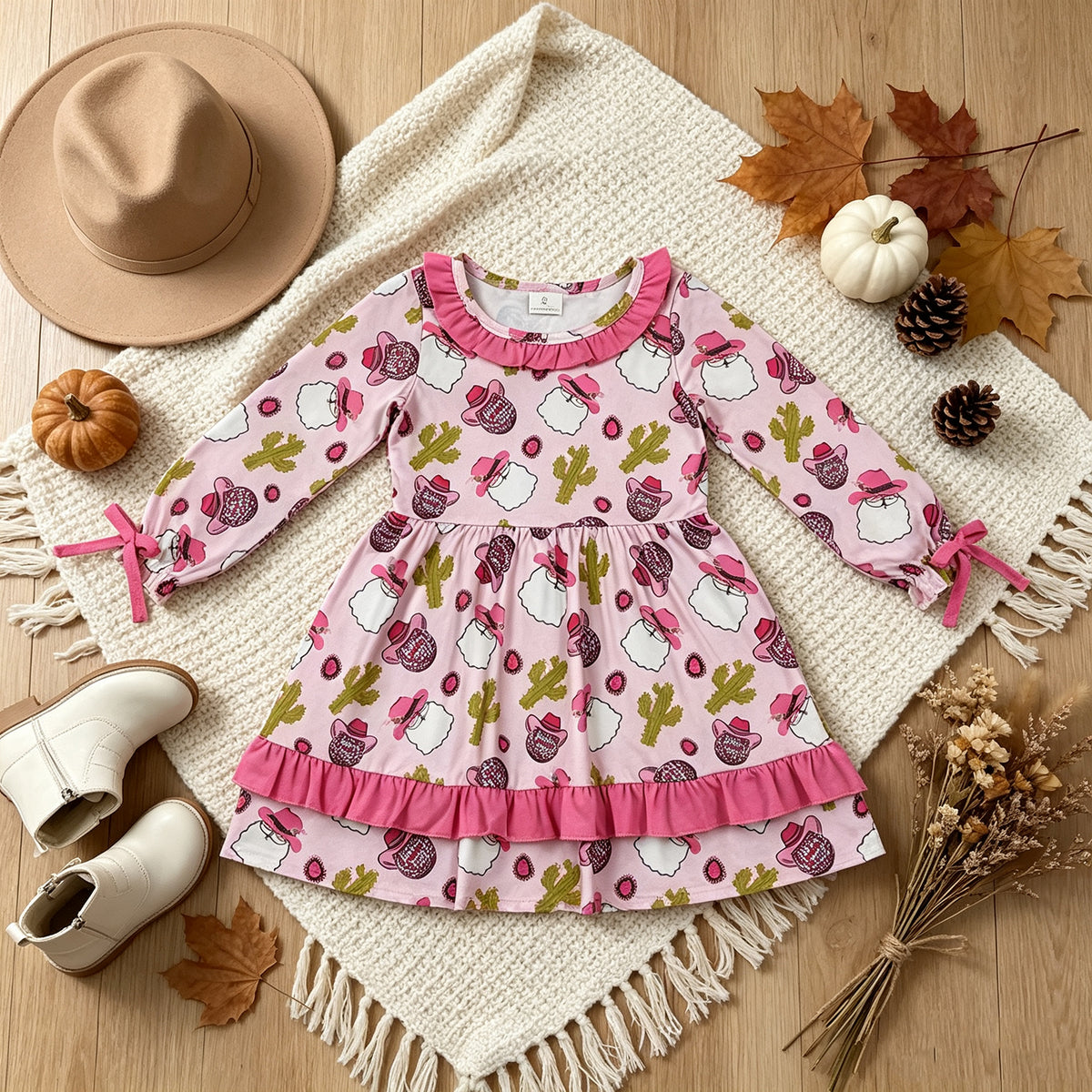 NEW RTS NO MOQ milk silk GLD0753 Baby Girls Long Sleeve Christmas Santa Cactus Western Knee Length Dresses