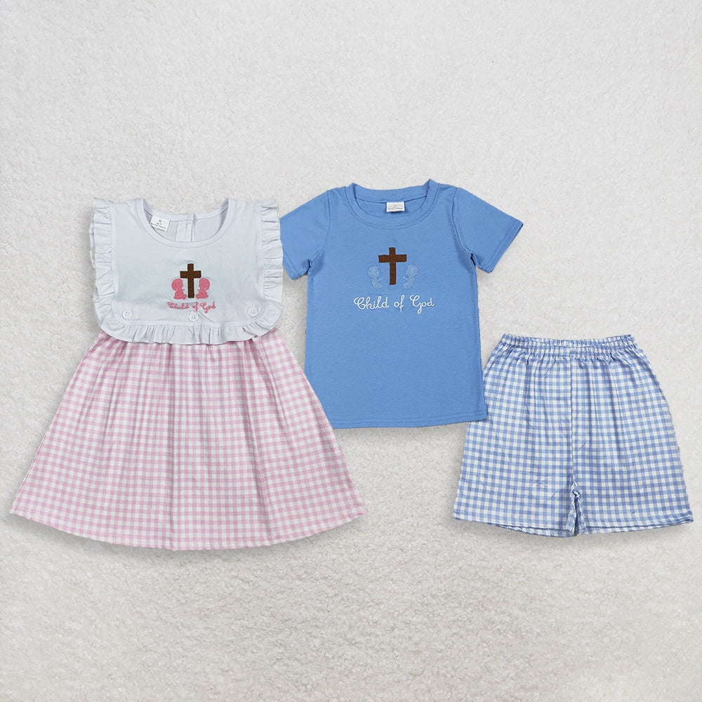 RTS NO MOQ Sibling Baby Boys Embroidery Child of God Top Checked Shorts Set Girls Pink Knee-Length Dress