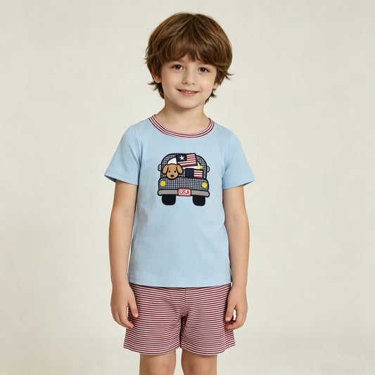 RTS NO MOQ BSSO1918 Baby Boys 4th of July Outfit Set with Embroidery Dog Flag Trucks Top And Stripe Shorts for Toddlers