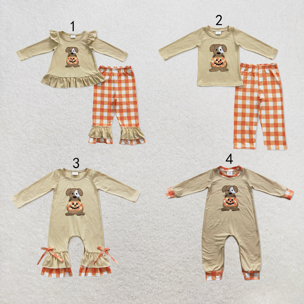RTS NO MOQ Sibling milk silk Embroidery Baby Boys Girls Dog Pumpkin Halloween Long Sleeve Top Pants Clothes Sets Rompers
