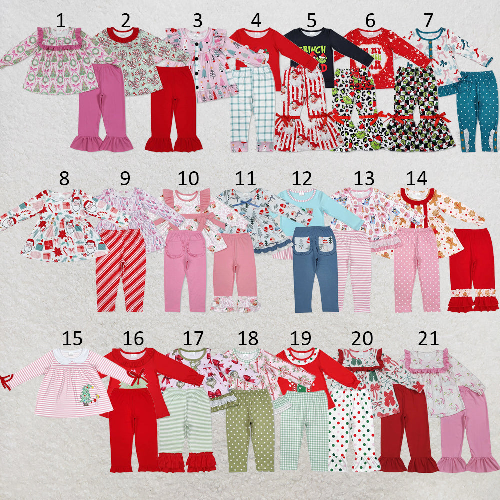RTS NO MOQ Sibling milk silk Baby Girls Red Christmas Tree Print Long Tunic Top And Ruffle Hem Pants Two Piece Festive Holiday Clothes Set