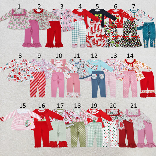 RTS NO MOQ Sibling milk silk Baby Girls Red Christmas Tree Print Long Tunic Top And Ruffle Hem Pants Two Piece Festive Holiday Clothes Set