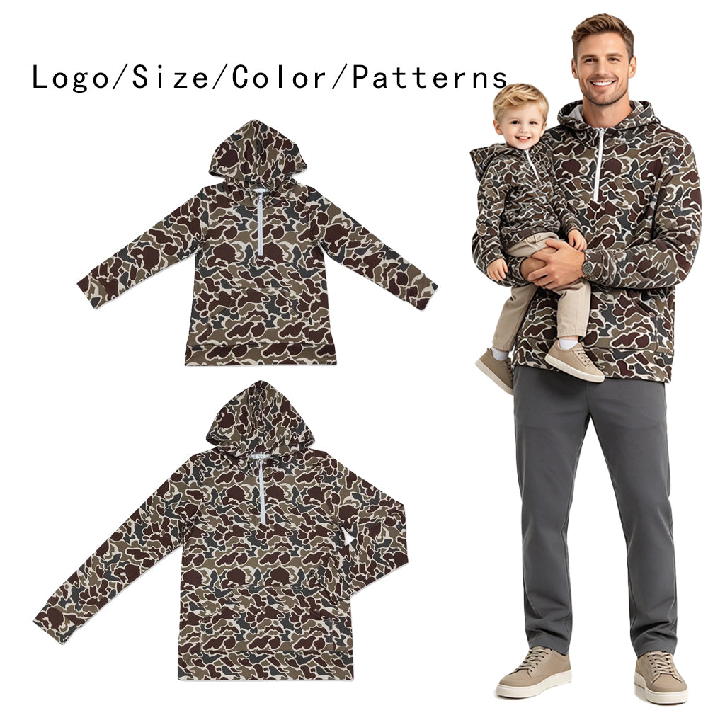 RTS NO MOQ Sibling milk silk Adult To Match Kids Brown Duck Camo Half Zip Hoodie Long Sleeve Pullover With Front Pocket
