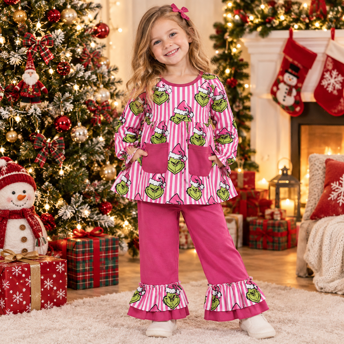 NEW RTS NO MOQ milk silk GLP3458 Baby Girls Pink Stripe Frogs Pockets Tunic Ruffle Pant Christmas Set