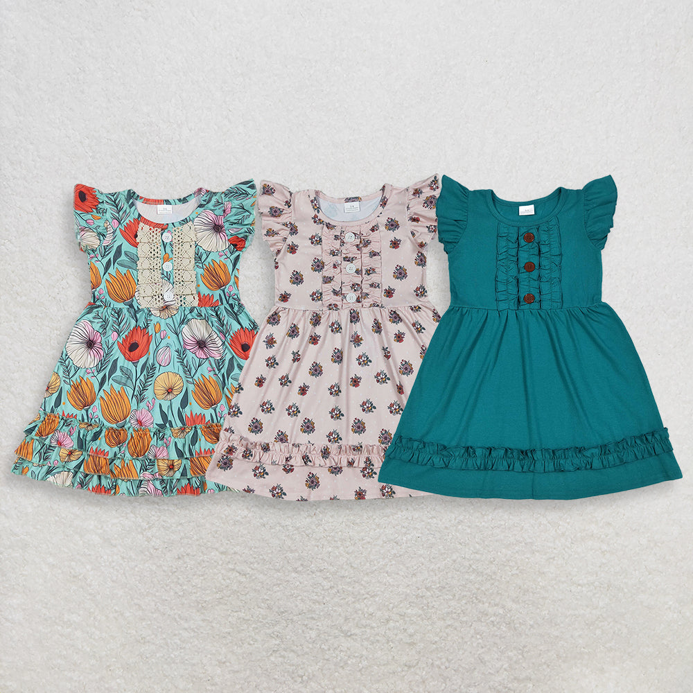 RTS NO MOQ Sibling Baby Girls Flowers Flutter Sleeves Knee-Length Dress
