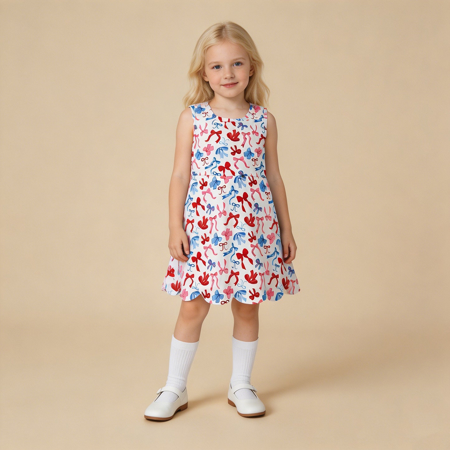 RTS NO MOQ yoga fabric GSD3809 4th Of July Bow  Baby Girls Scallop Edge Knee Length Yoga Dress
