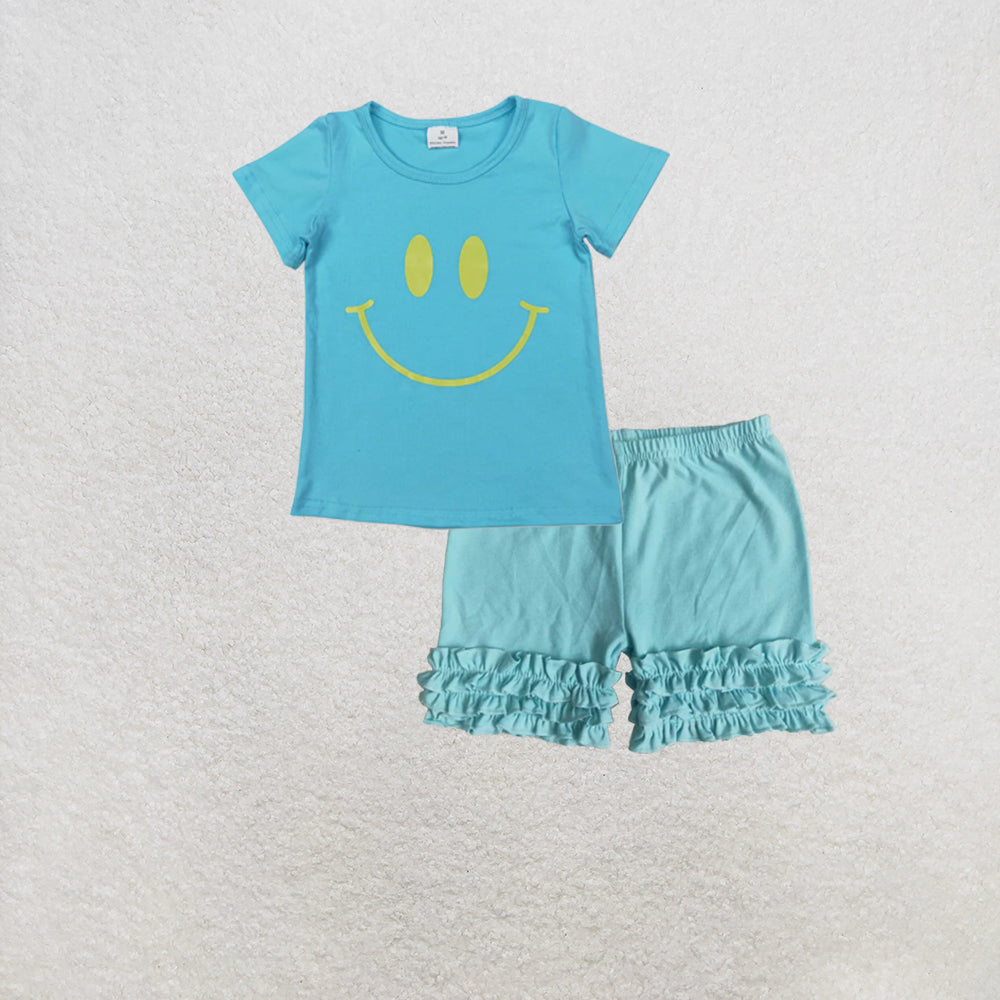 RTS NO MOQ GT0960+C15-28 Baby Girls Short Sleeves Vinyl Smile Shirts Tops Set