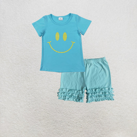 RTS NO MOQ GT0960+C15-28 Baby Girls Short Sleeves Vinyl Smile Shirts Tops Set