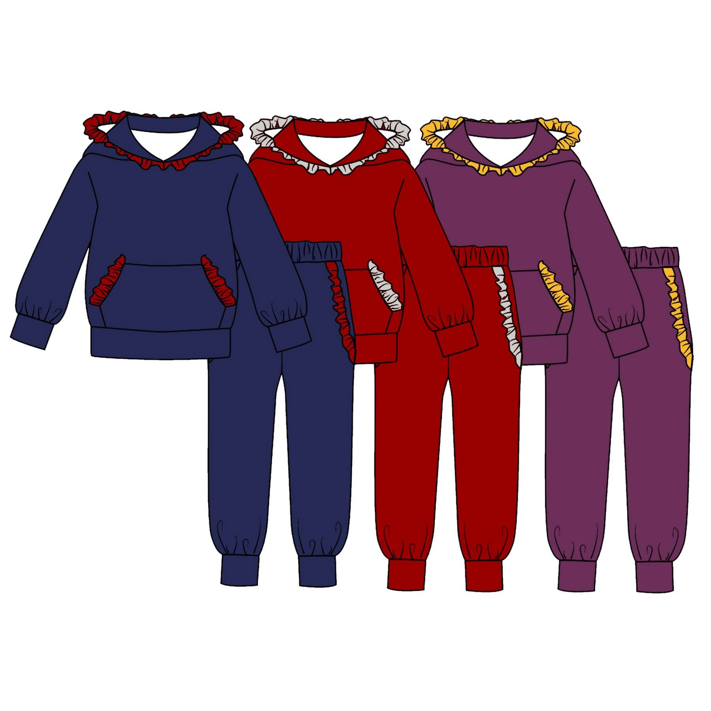 (Preorder new) No moq Baby Girls Solid Color Long Sleeve Ruffle Hoodie Pocket Top Joggers Clothes Set