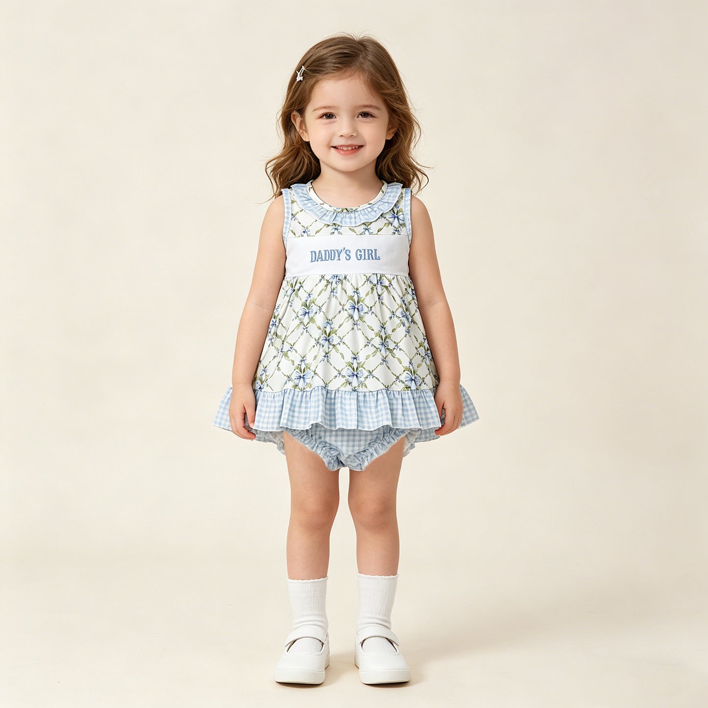 RTS NO MOQ milk silk GBO0512 Baby Girls Daddy's Girl Embroidery Floral Checked Bows Tunic Bummies Sets