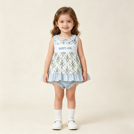 RTS NO MOQ milk silk GBO0512 Baby Girls Daddy's Girl Embroidery Floral Checked Bows Tunic Bummies Sets
