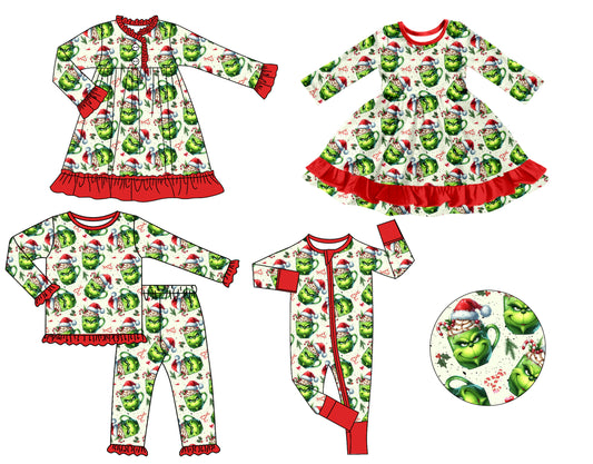25.7.30 custom each style moq 5 eta 4-6week Sibling Sisters Christmas baby girl long sleeve pants sets and romper and dress 1 and dress 2 match family design