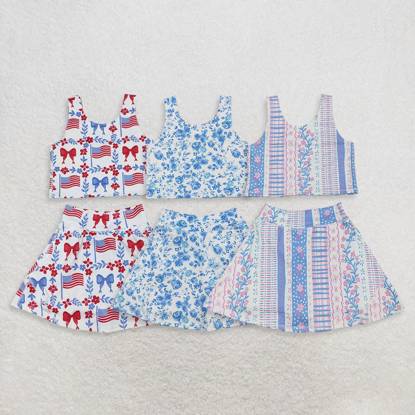 RTS NO MOQ Sibling yoga fabric Baby Girls Flower Print Sleeveless Vest Skort Yoga Summer Clothes Set
