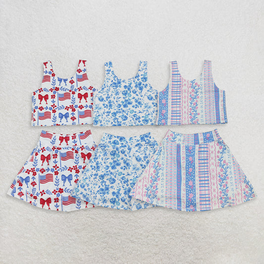 RTS NO MOQ Sibling yoga fabric Baby Girls Flower Print Sleeveless Vest Skort Yoga Summer Clothes Set
