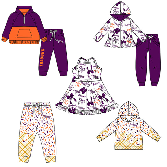 Custom moq 5 mix size milk silk summer teams baby girls clothes bow purple hooded long sleeve pants sets and boy sets and dress and hooded top and pant-25.8.15
