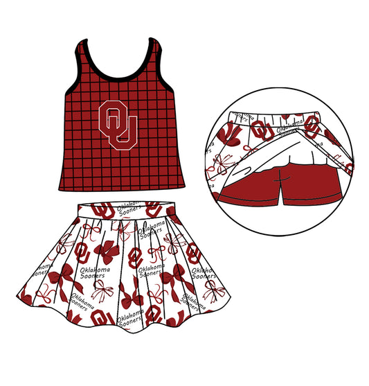 Custom moq 5 mix size milk silk summer teams Baby Girls Summer Sleeveless Red  Plaid Top Letter Bow Skort Sets