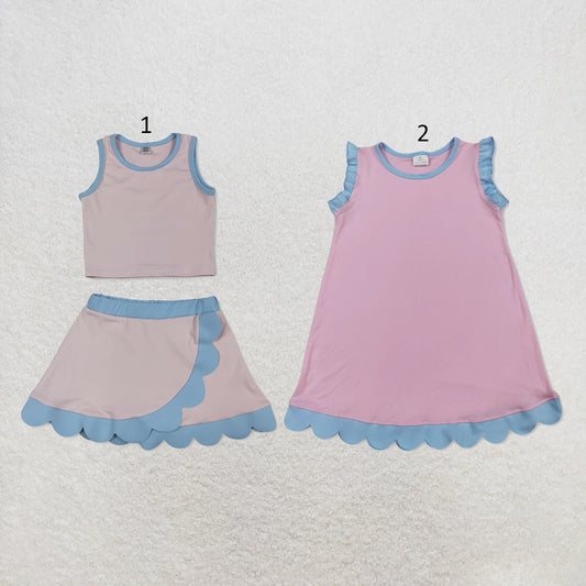 RTS NO MOQ Sibling cotton Baby Girls Pink Blue Sleeveless Vest And Scallop Hem Short Skirt Yoga Set Scallop Knee Length Dresses
