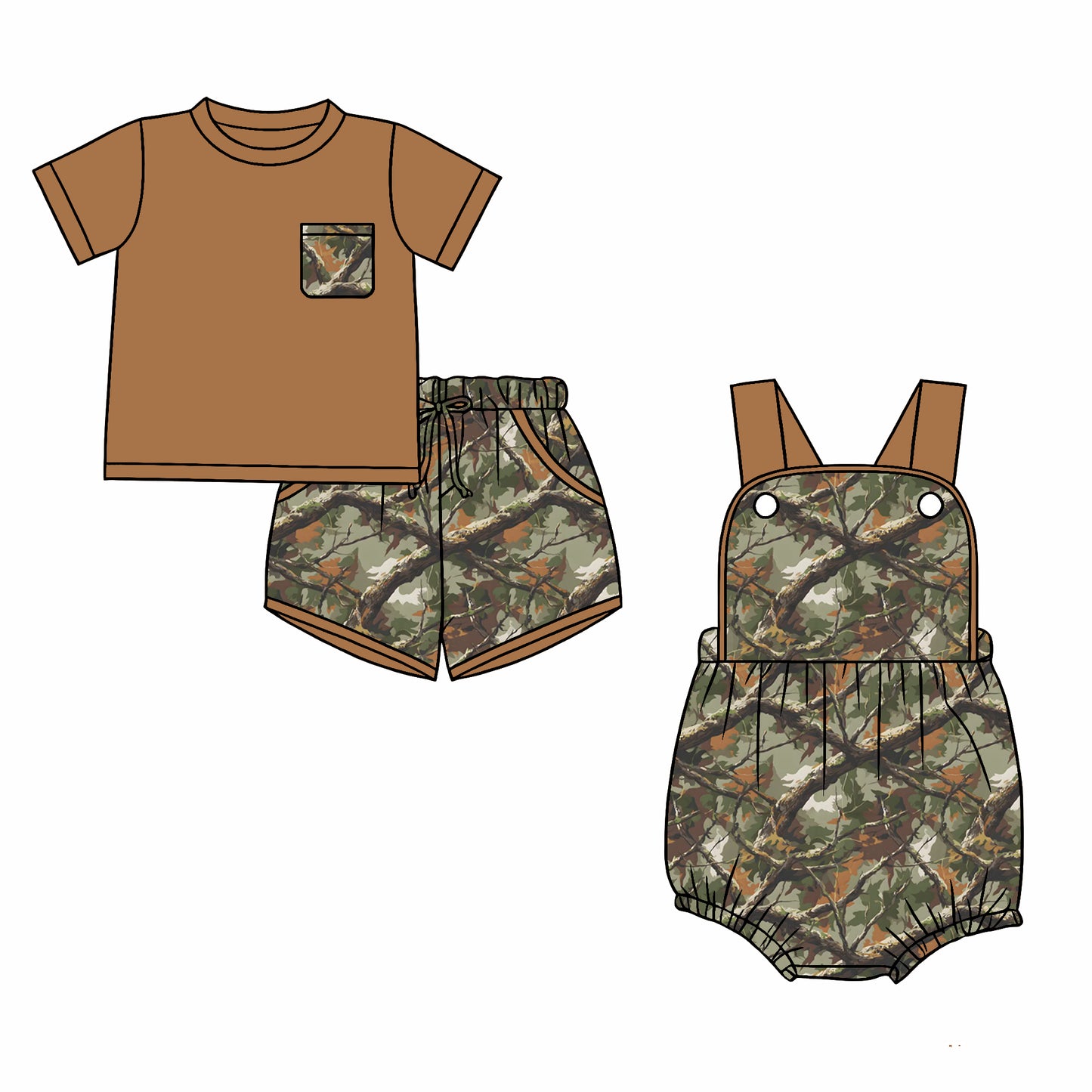 Custom moq 5 mix size Sibling Brown Branch-Patterned Baby Boys Romper Short-Sleeved Top And Shorts Set for Infants