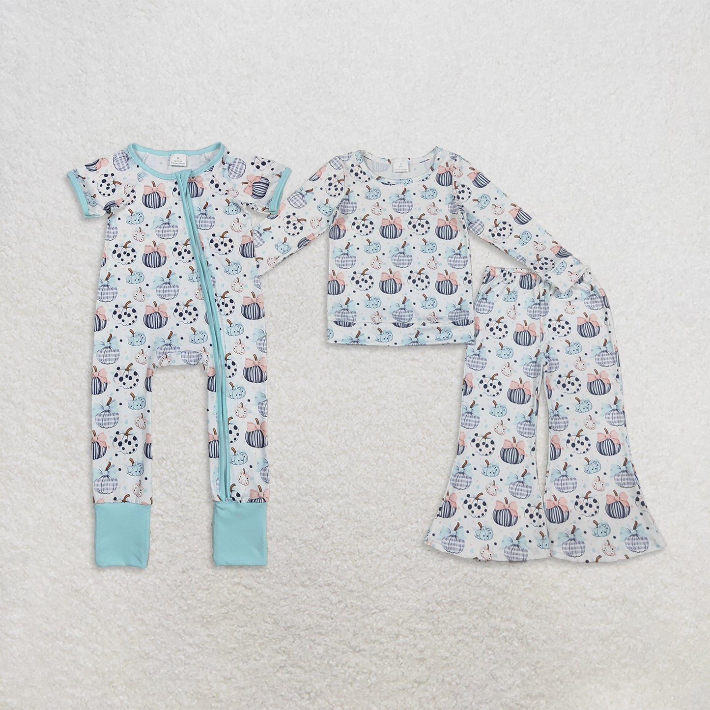 RTS NO MOQ Sibling milk silk Baby Kids Colorful Flowers Pumpkins Fall Two Way Zip Convertible Rompers Set