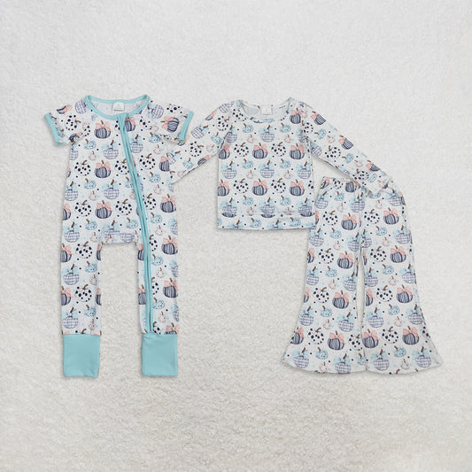 RTS NO MOQ Sibling milk silk Baby Kids Colorful Flowers Pumpkins Fall Two Way Zip Convertible Rompers Set