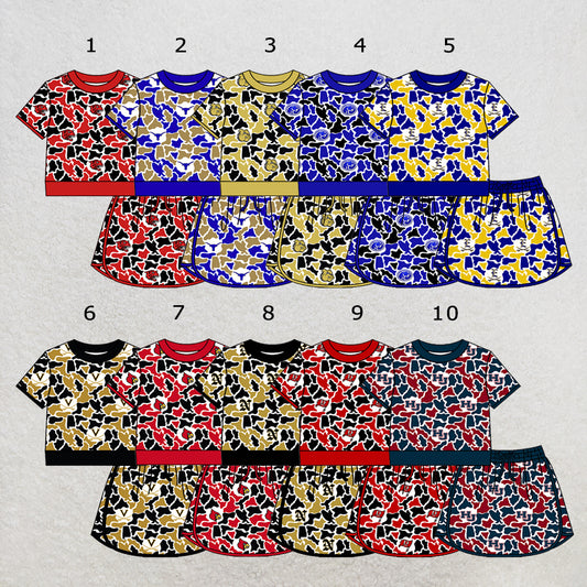Custom moq 5 mix size summer teams Baby Girls Summer Casual Camouflage Short Sleeve Top And Skirt Outfit