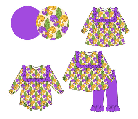 25.9.12 custom each style moq 5eta 6-8week Sibling Sisters mardi gras baby girl long sleeve pants sets and dress and rompers match family design