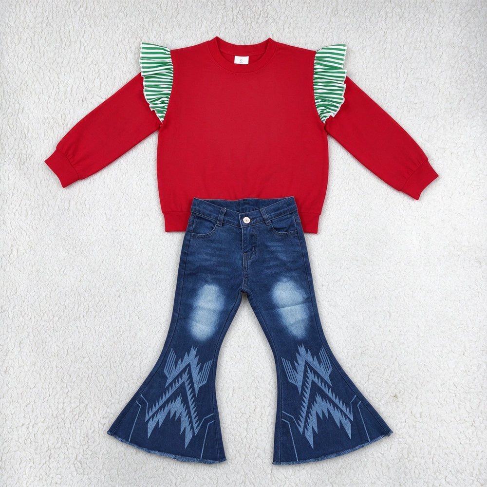 NEW RTS NO MOQ Denim GT1844+ P0126 Baby Girls Green White Striped Ruffle Shoulder Long Sleeve Red Top Aztec Print Frayed Hem Bell Bottom Flare Jeans Outfit
