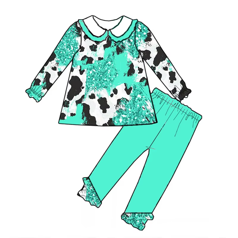 Custom moq 3 eta 6-8weeks  Cow pattern grass green doll collar long-sleeved suit