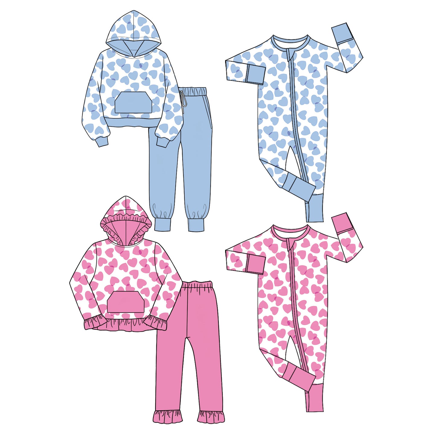 (Preorder new) No moq Baby Girls Boys Valentines Heart Print Long Sleeve Hoodie With Front Pocket And Leggings Set Rompers
