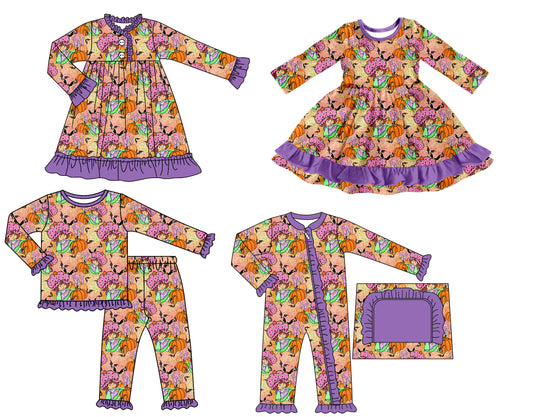25.7.26 custom each style moq 5 eta 4-6week Sibling Sisters pumpkin baby girl long sleeve pants sets and romper and dress 1 and dress 2 match family design