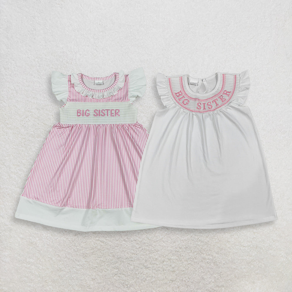 RTS NO MOQ Sibling Baby Girls Smocked Big Sister Flutter Sleeves Pink Stripe Knee-Length Dress Casual Wear（3-6M-7-8T）