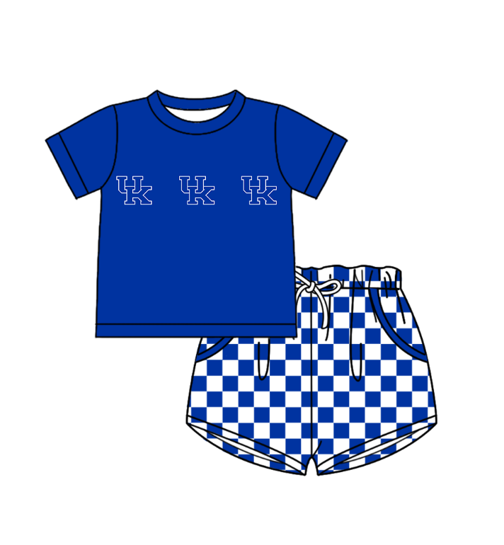 Custom moq 5 mix size milk silk summer teams Boy's Blue Short Sleeved Top Plaid Shorts Set Girl's Short-Sleeved Set with Matching Swimsuits Adult Shorts