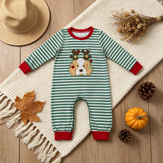 NEW RTS NO MOQ milk silk LR3146 Embroidery Baby Boys Green Stripe Light Dog Pant Romper Holiday Outfit