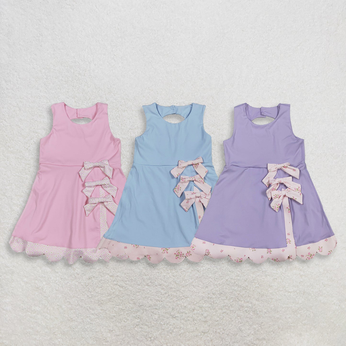 RTS NO MOQ Sibling Baby Girls Bow Scallop Ruffle Yoga Knee Length Dress