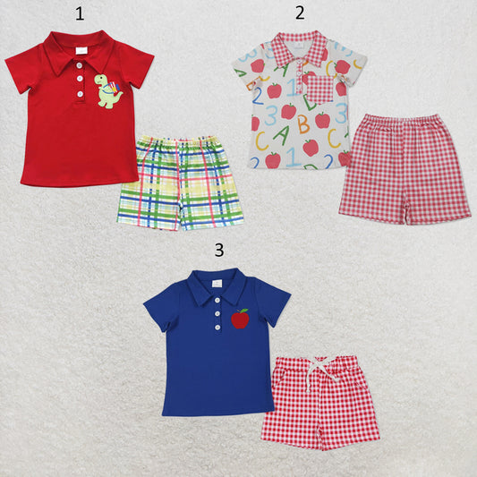 RTS NO MOQ Sibling milk silk Baby Boys Apple ABC Print Button Top Checked Shorts Back To School Set