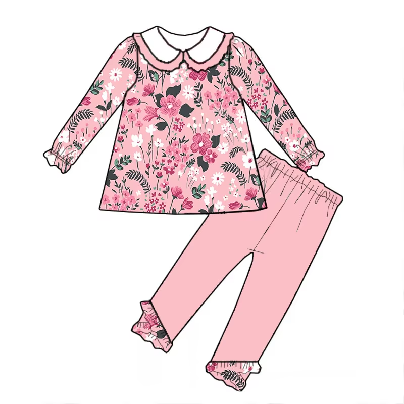 Custom moq 3 eta 6-8weeks  Pink floral and leaf long-sleeved suit