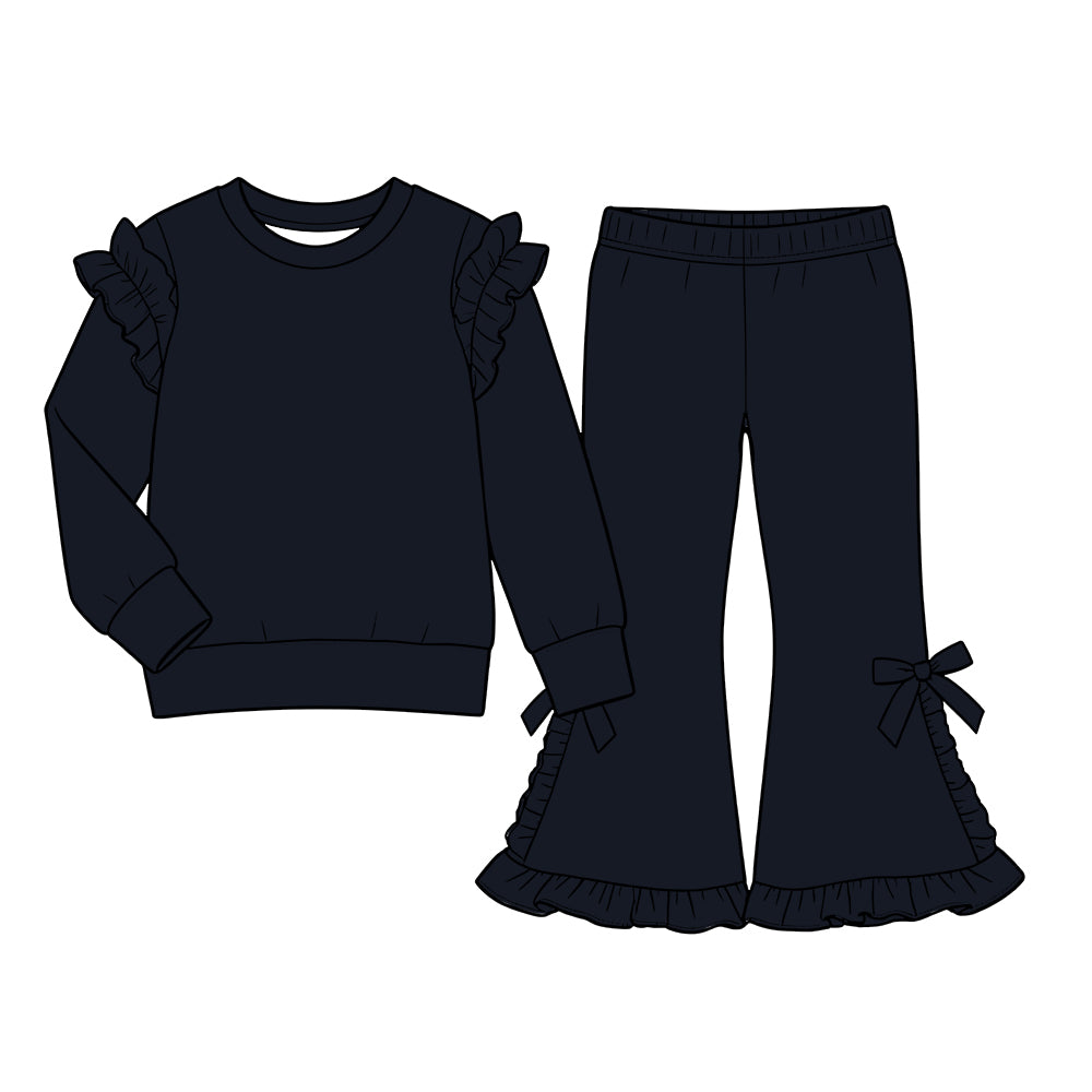 Custom moq 5  cotton fabric girls ruffle sets  solid color blank  Black long-sleeve sweatshirt with lace detail and flared trousers set featuring side bows