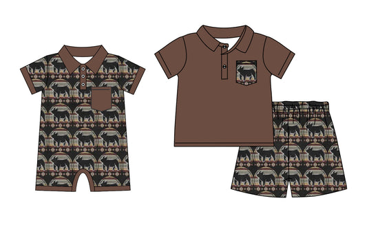 3.21 Custom moq 5 mix size Sibling Cute Clothes Baby Boys Brown Romper Short-Sleeved Top And Shorts Set Summer Outfit