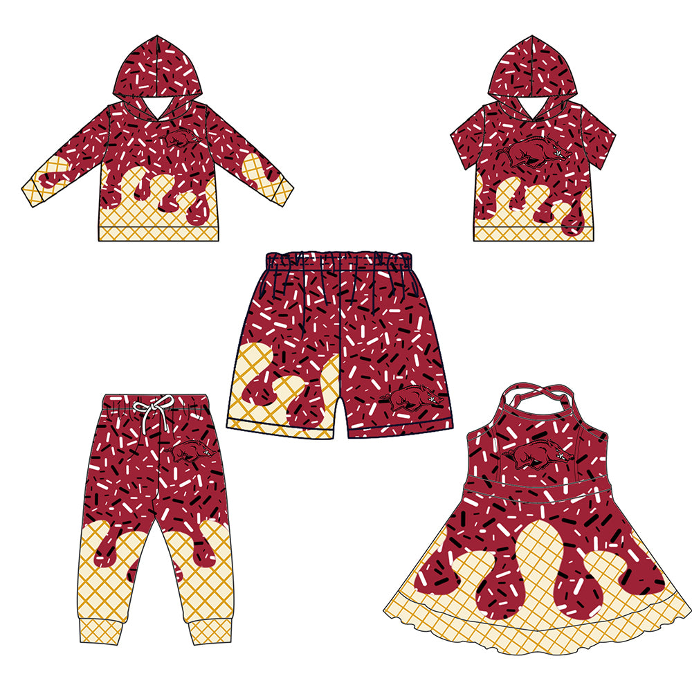 Custom summer teams baby girls clothes team brick red hooded long sleeve tops and short sleeve top and dress and pants and shorts-25.5.27