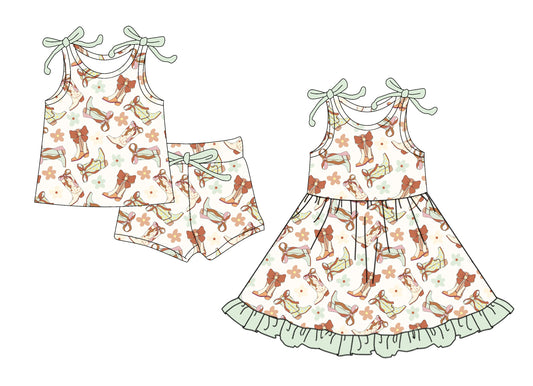4.12 custom each style moq 5eta 4-6week Sibling Sister bow boots floral baby girl short sleeve shorts sets and dresses match design