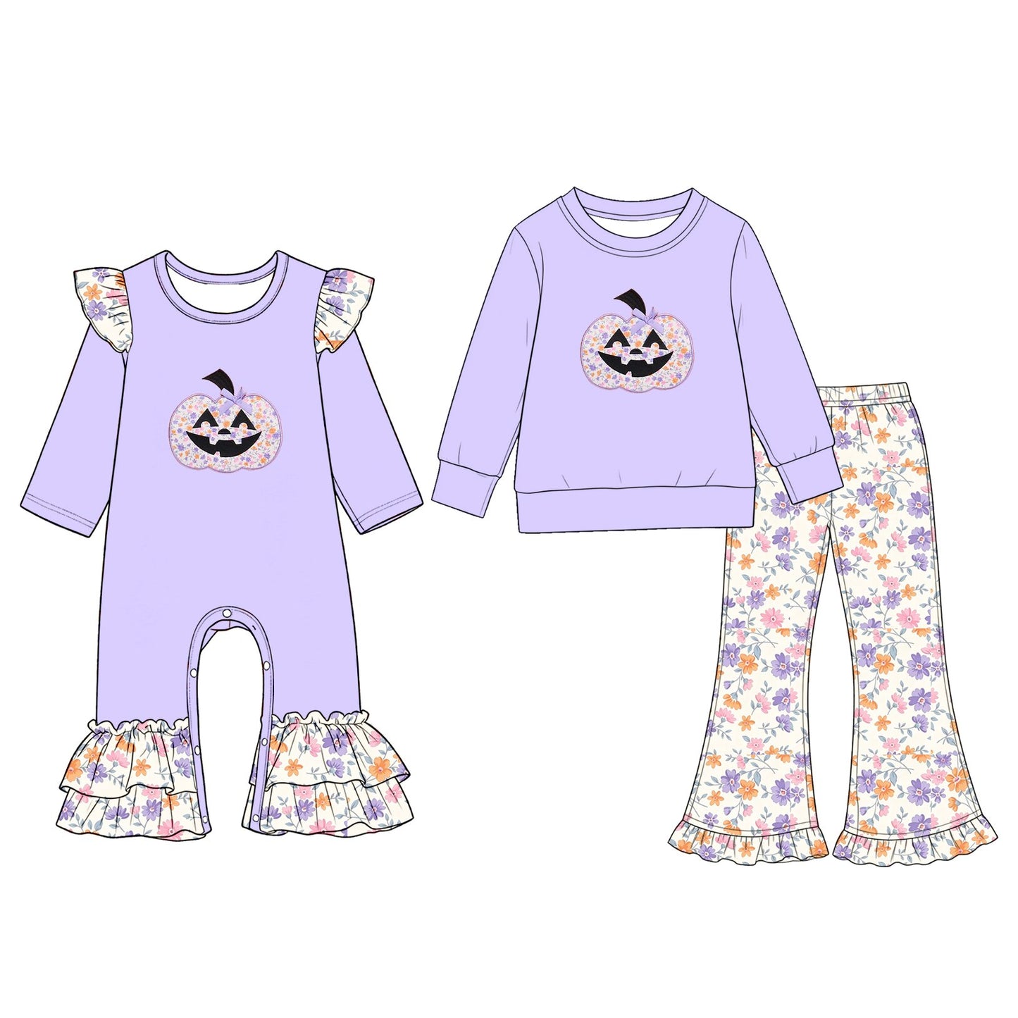 (Preorder new) No moq Baby Halloween Floral Pumpkin Applique Kids Outfit Romper Flare Pants Sweatshirt Set