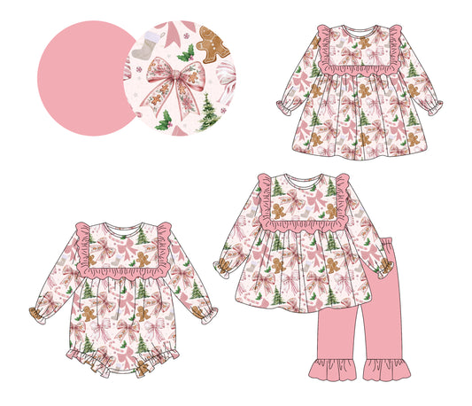 25.6.26 custom each style moq 5eta 4-6week Sibling Sisters Christmas bow pink baby girl long sleeve pants sets and dress and rompers match family design