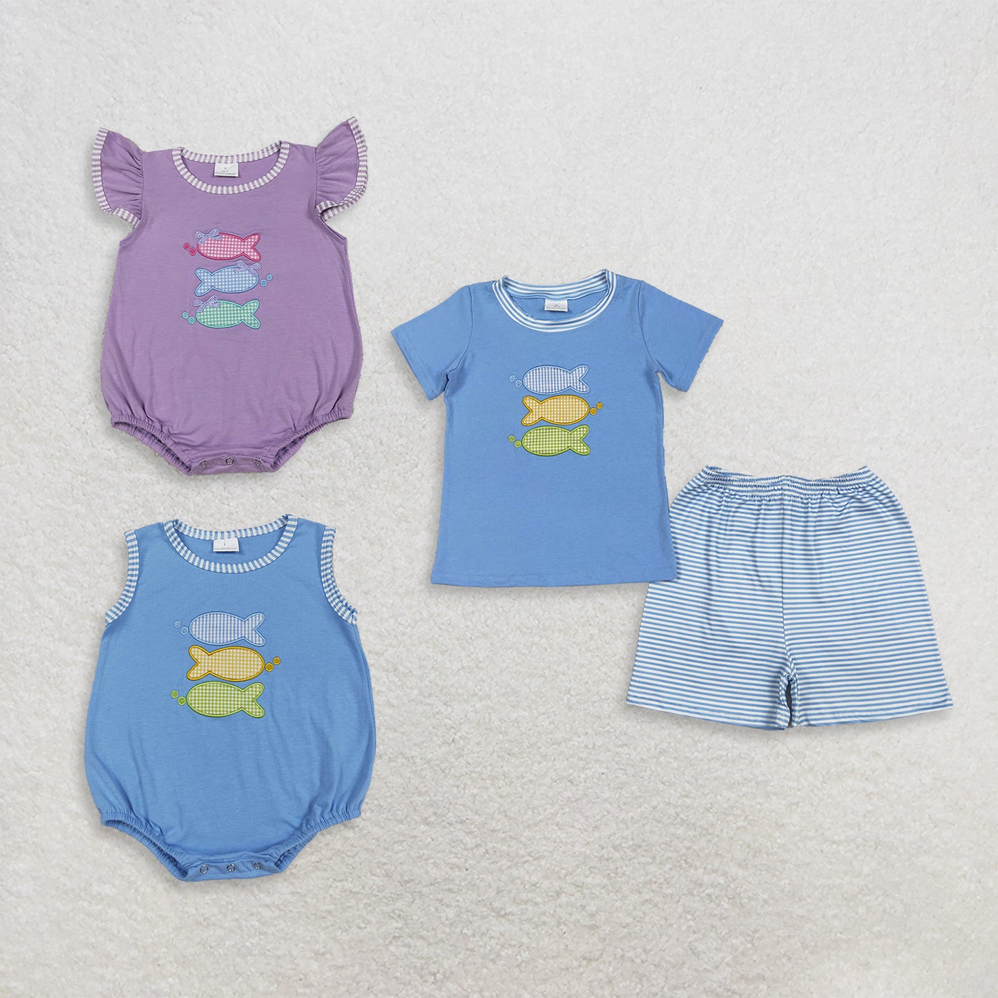 RTS NO MOQ Sibling milk silk Baby Boys Embroidery Fish Stripe Top Hunting Ruffle Shorts Rompers