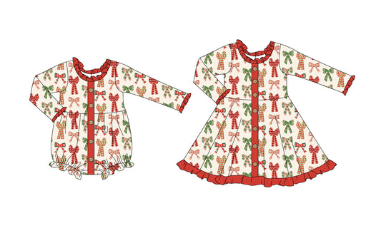 25.5.30 custom each style moq 5eta 4-6week Sibling Sisters Christmas bow baby girl long sleeve dress and rompers match family design