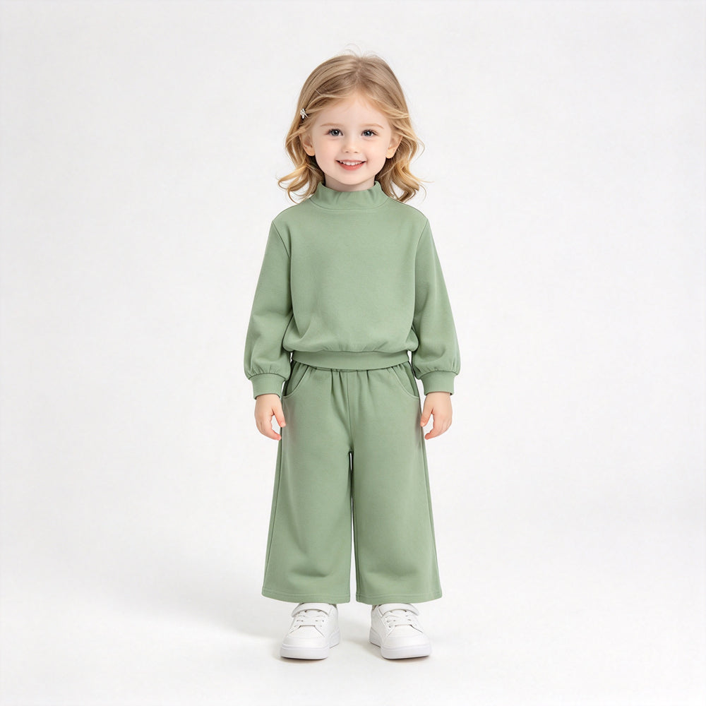 RTS NO MOQ Sibling cotton Baby Girls High Neck Solid Ruffle Mock Neck Long Sleeve Top And Elastic Waist Wide Leg Pants Casual Matching Outfit
