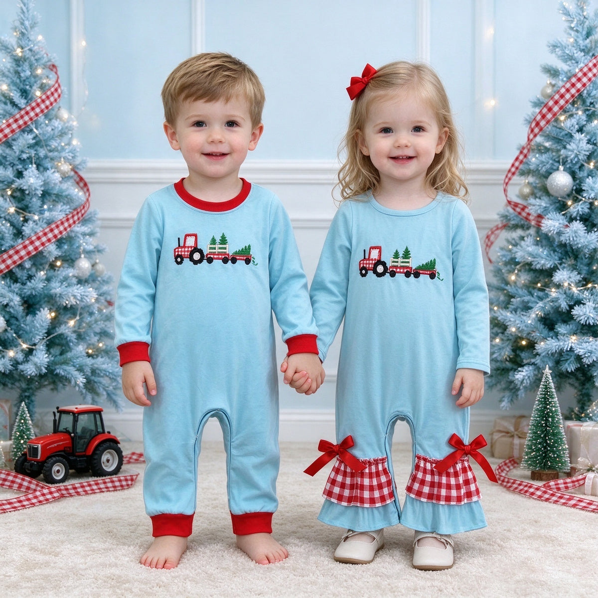 Cute Baby Embroidered Tractor Hauling Christmas Tree Romper, Boy Plain Cuff & Girl Ruffle Bow Style